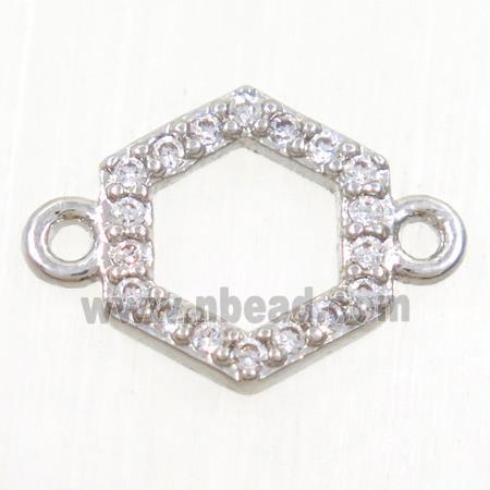 copper hexagon connector paved zircon, platinum plated