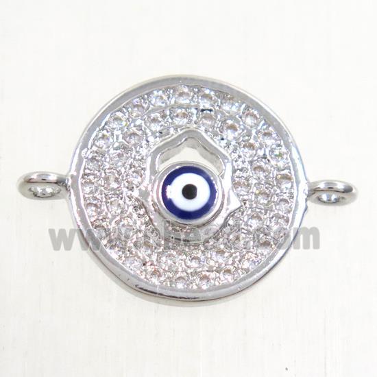 copper circle connector paved zircon with evil eye, platinum plated