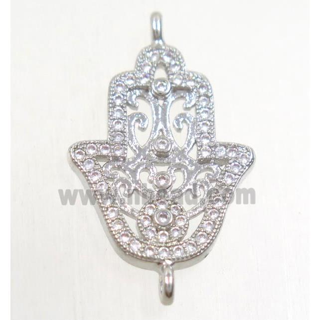 copper hamsahand connector paved zircon, platinum plated