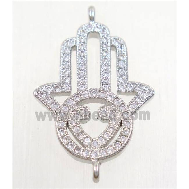 copper hamsahand connector paved zircon, platinum plated