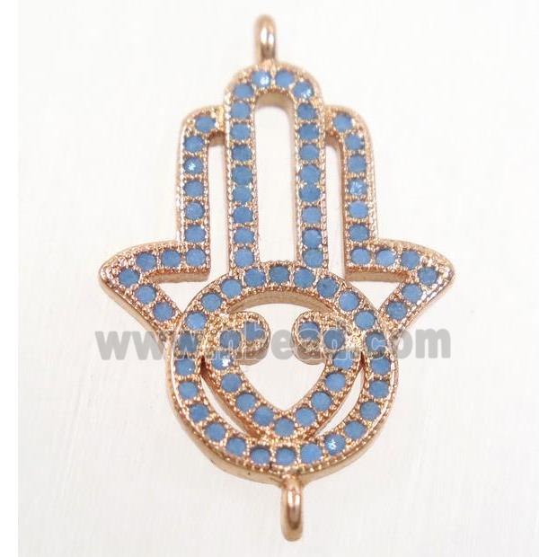 copper hamsahand connector paved zircon, rose gold, turq