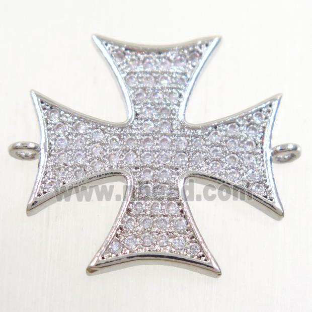 copper cross connector paved zircon, platinum plated