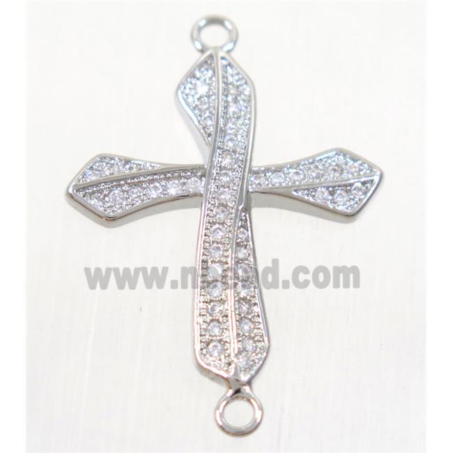 copper cross connector paved zircon, platinum plated