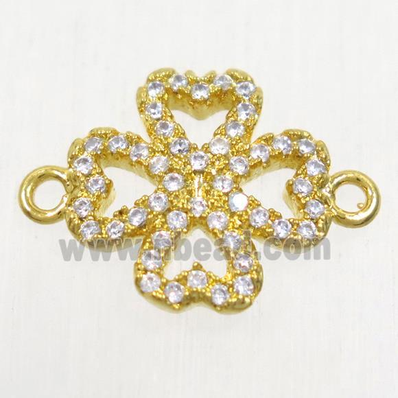 copper four-leaf clover connector paved zircon, gold plated