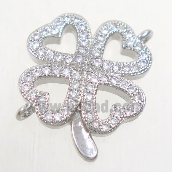 copper four-leaf clover connector paved zircon, platinum plated