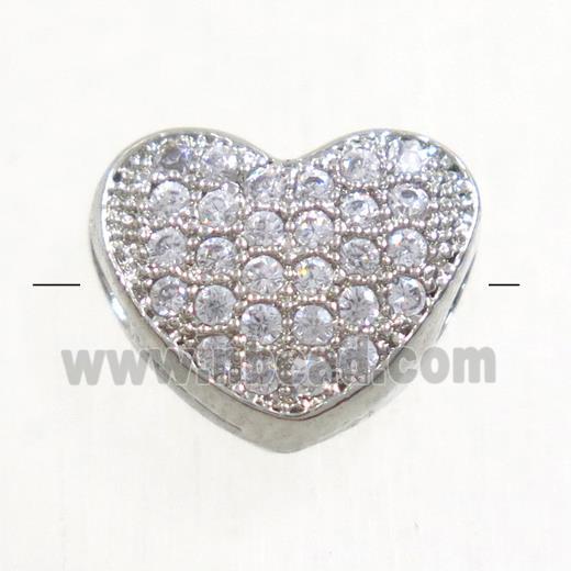 copper heart beads paved zircon, platinum plated