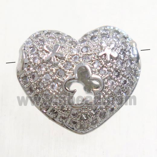 copper heart beads paved zircon, platinum plated