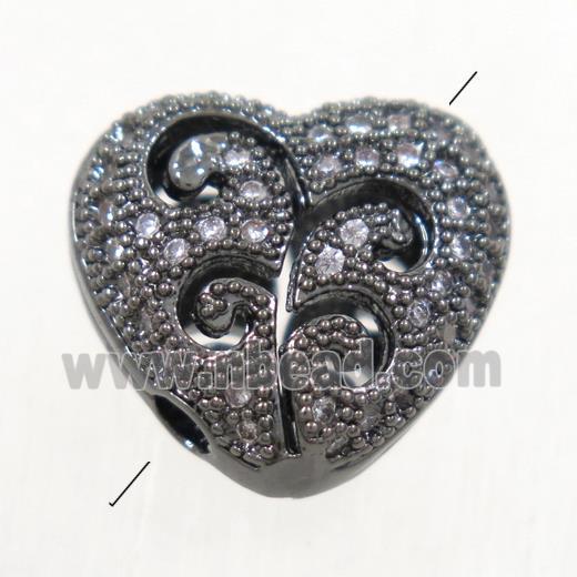 copper heart beads paved zircon, black plated