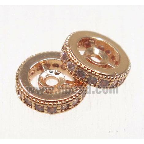 copper spacer beads paved zircon, heishi, rose gold