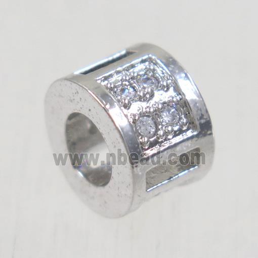 European style copper tube beads paved zircon, platinum plated