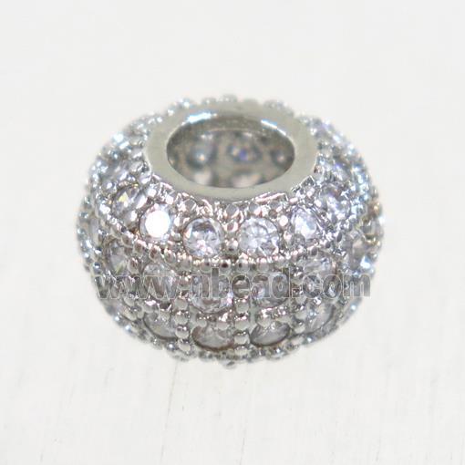 European style copper beads paved zircon, rondelle, platinum plated