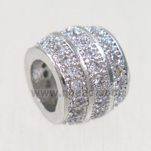 European style copper beads paved zircon, barrel, platinum plated