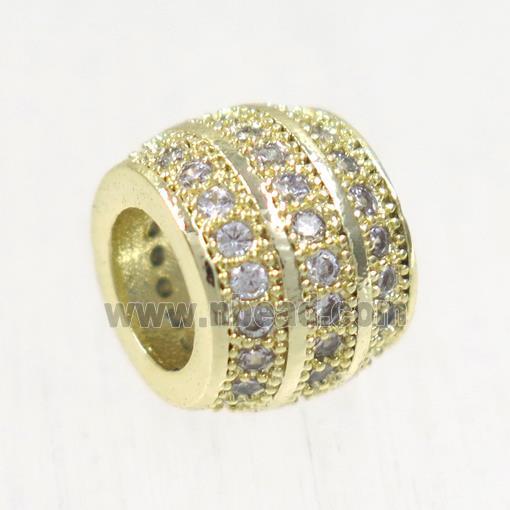 European style copper beads paved zircon, barrel, gold plated