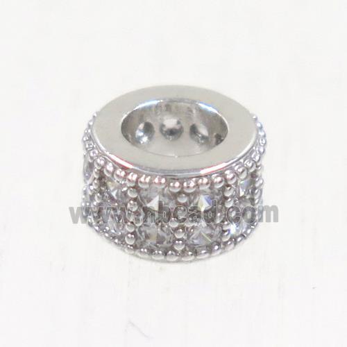 European style copper bead paved zircon, rondelle, platinum plated