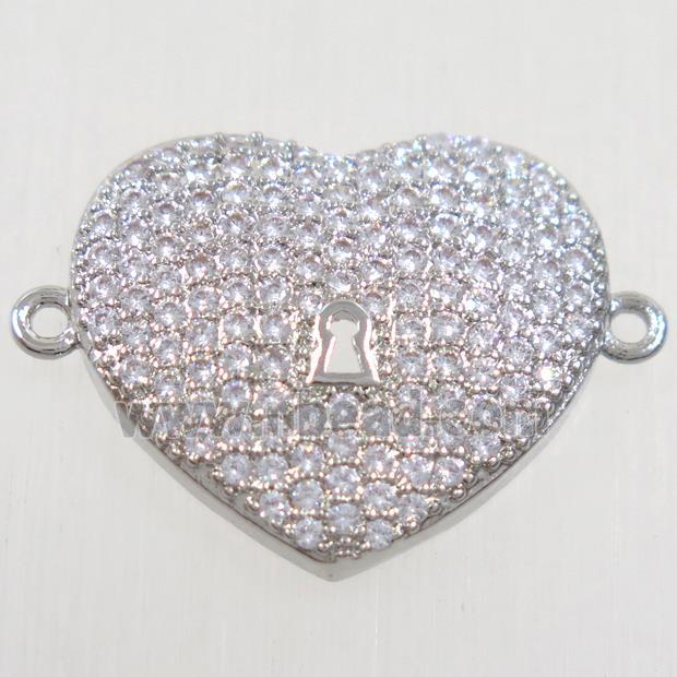 copper heart connector paved zircon, platinum plated