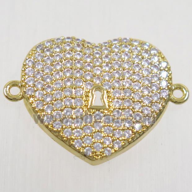 copper heart connector paved zircon, gold plated