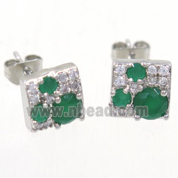 copper earring studs paved zircon, square, platinum plated