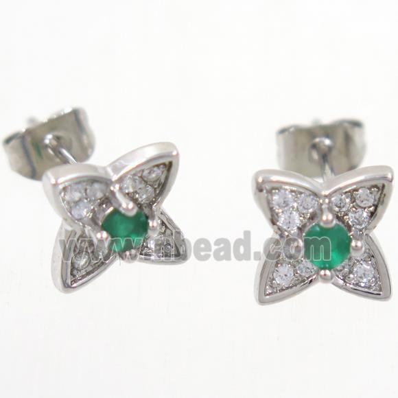 copper earring studs paved zircon, star, platinum plated