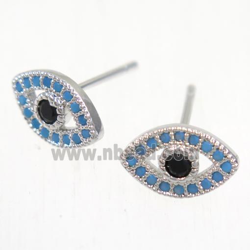 copper evil eye earring studs paved zircon, platinum plated