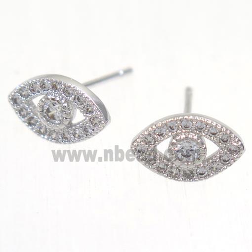 copper evil eye earring studs paved zircon, platinum plated