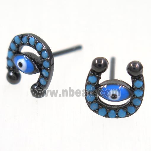 copper evil eye earring studs paved zircon, U-shape, black plated