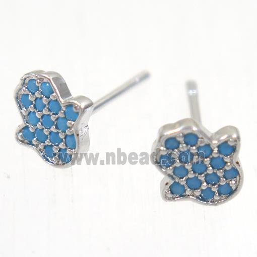 copper hamsahand earring studs paved zircon, platinum plated