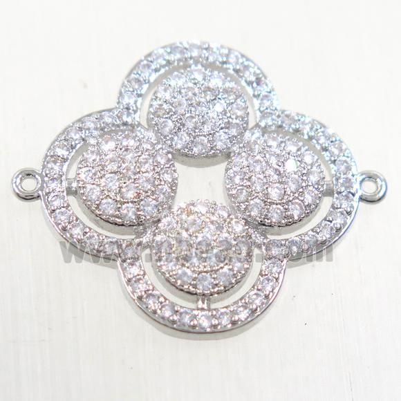 copper clover connector paved zircon, platinum plated