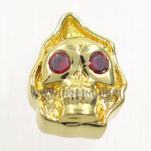 copper skull beads paved zircon, gold plated