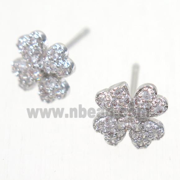 copper clover earring studs paved zircon, platinum plated