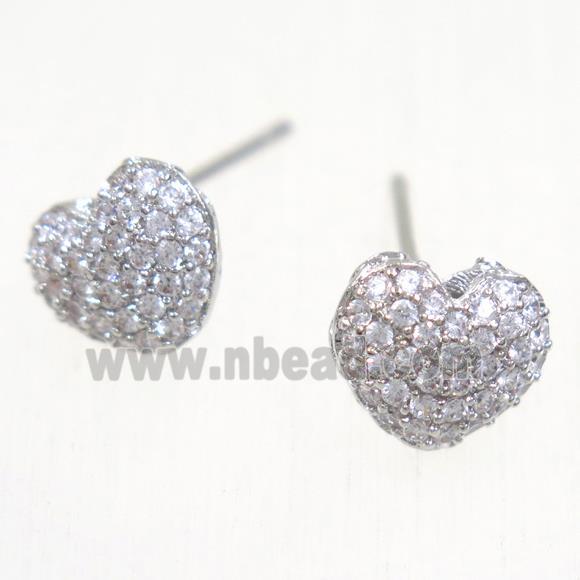 copper heart earring studs paved zircon, platinum plated