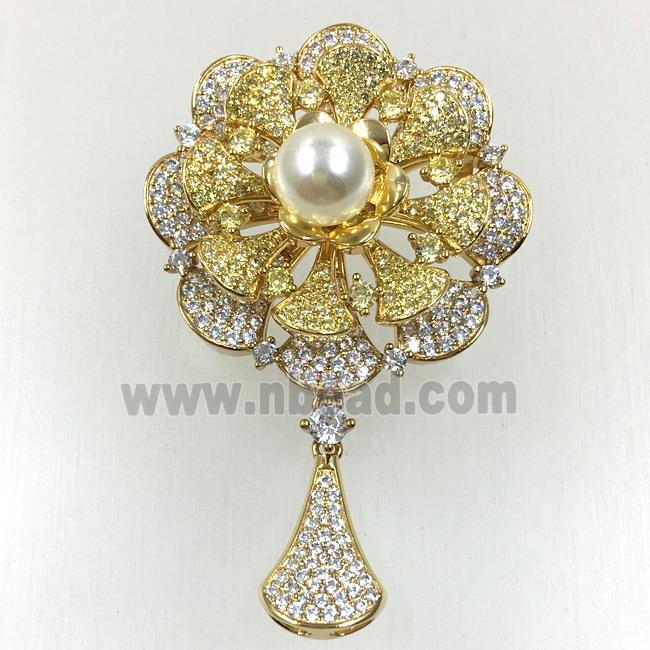 copper flower brooches pave zircon with pearl, revolvable, gold plated