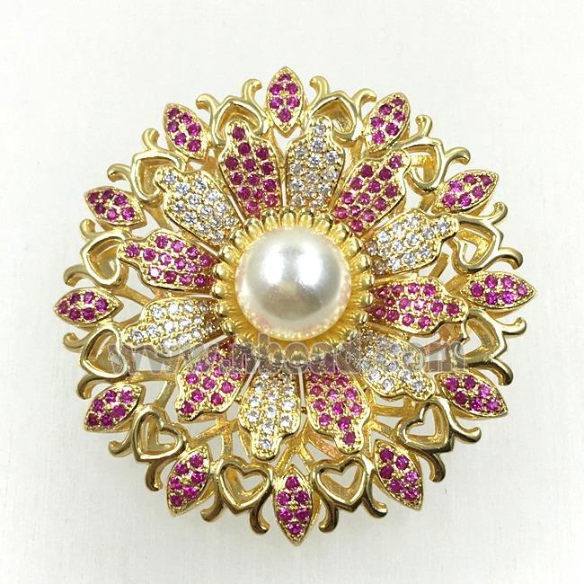 copper flower brooches pave zircon with pearl, revolvable, gold plated