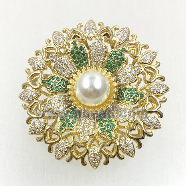 copper flower brooches pave zircon with pearl, revolvable, gold plated