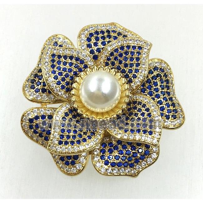 copper flower brooches pave zircon with pearl, revolvable, gold plated