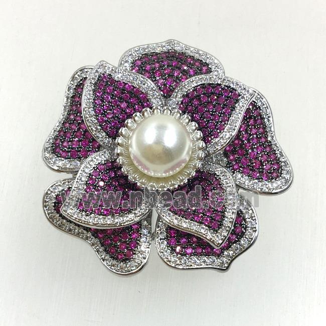 copper flower brooches pave zircon with pearl, revolvable, platinum plated