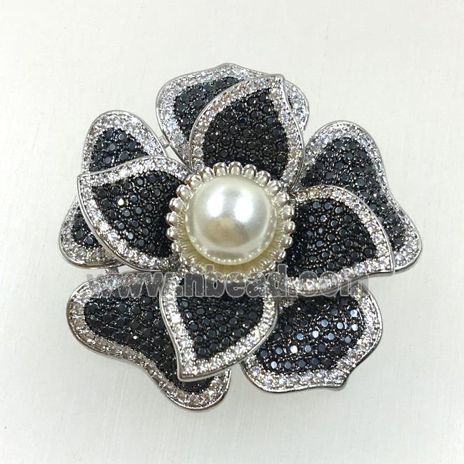 copper flower brooches pave zircon with pearl, revolvable, platinum plated