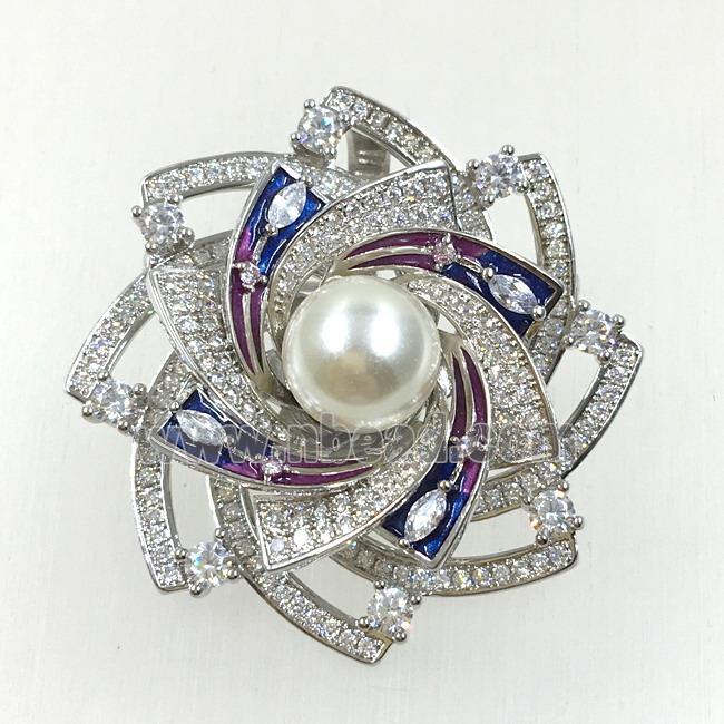 copper flower brooches pave zircon with pearl, revolvable, platinum plated