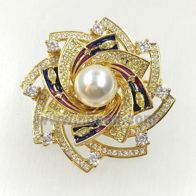 copper flower brooches pave zircon with pearl, revolvable, gold plated