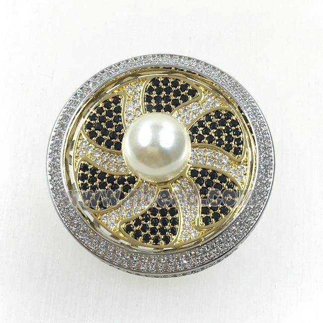 copper flower brooches pave zircon with pearl, revolvable, platinum plated