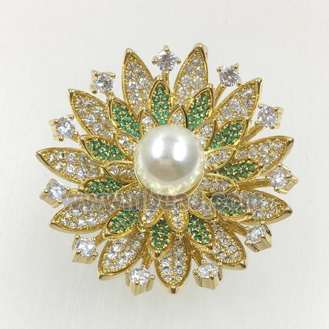 copper flower brooches pave zircon with pearl, revolvable, gold plated