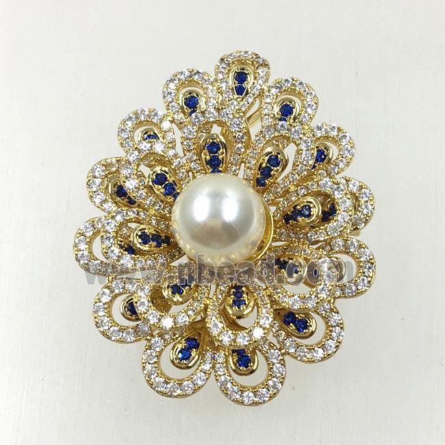 copper flower brooches pave zircon with pearl, revolvable, gold plated