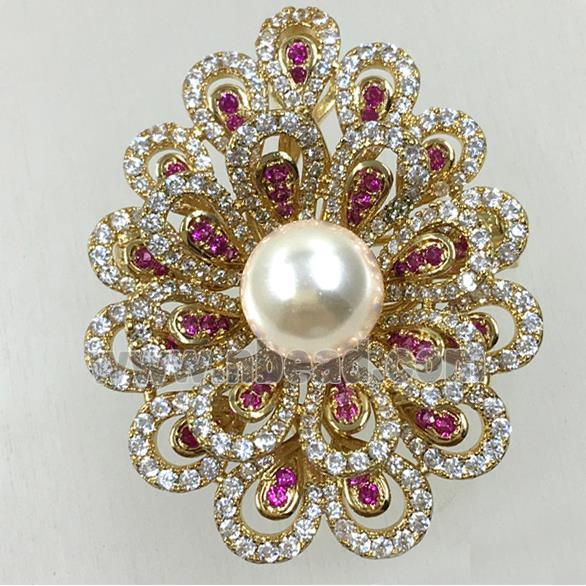 copper flower brooches pave zircon with pearl, revolvable, gold plated