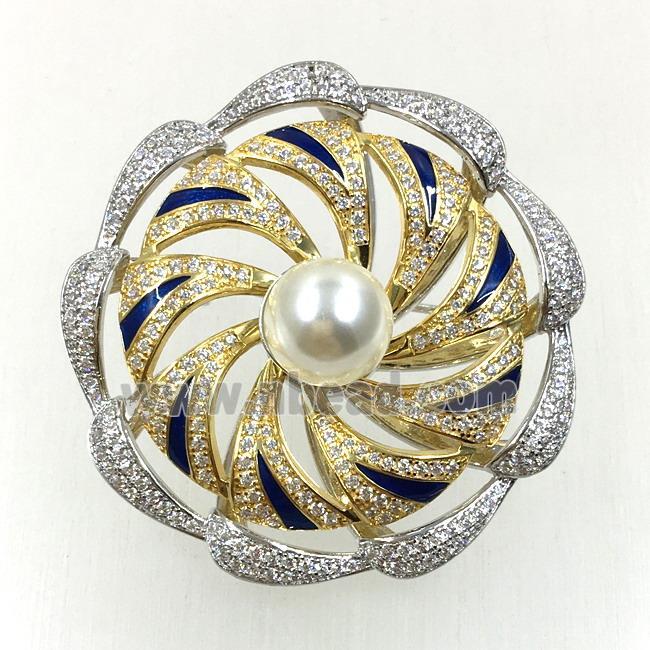 copper flower brooches pave zircon with pearl, revolvable, platinum plated