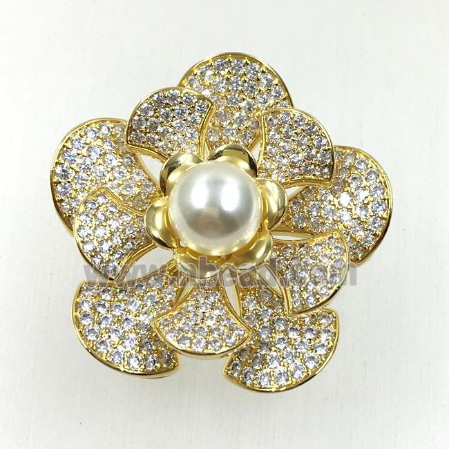 copper flower brooches pave zircon with pearl, revolvable, gold plated