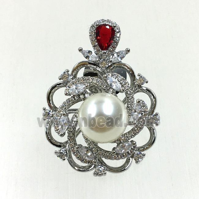 copper flower brooches pave zircon with pearl, revolvable, platinum plated