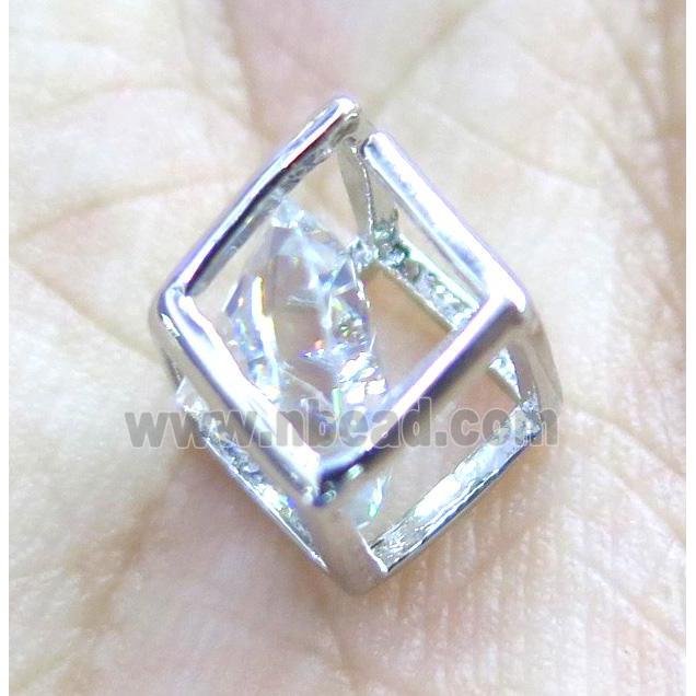 copper bead paved rhinestone, cube, platinum plated