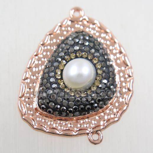 copper teardrop connector paved rhinestone with pearl, rose gold