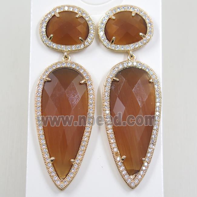 copper earring studs paved zircon with brown crystal glass, gold plated