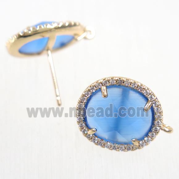 copper earring studs paved zircon with blue crystal glass, gold plated