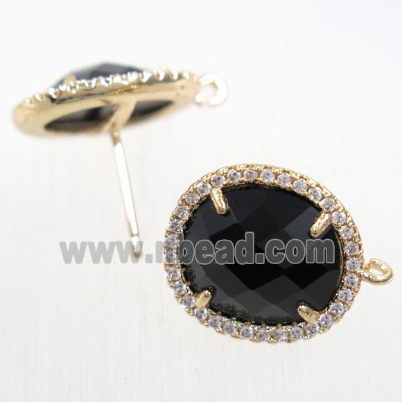 copper earring studs paved zircon with black crystal glass, gold plated